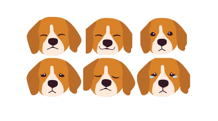 Diagram showing the spectrum of dog emotions from happy/excited to calm/relaxed to fearful/anxious, with key physical indicators for each emotional state
